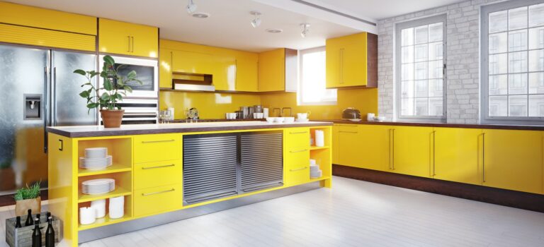 Modern yellow kitchen with cabinets