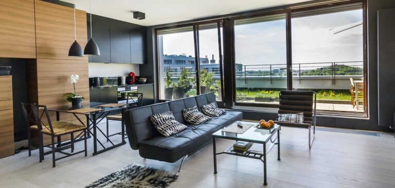 Modern interior design kitchen with panoramic windows