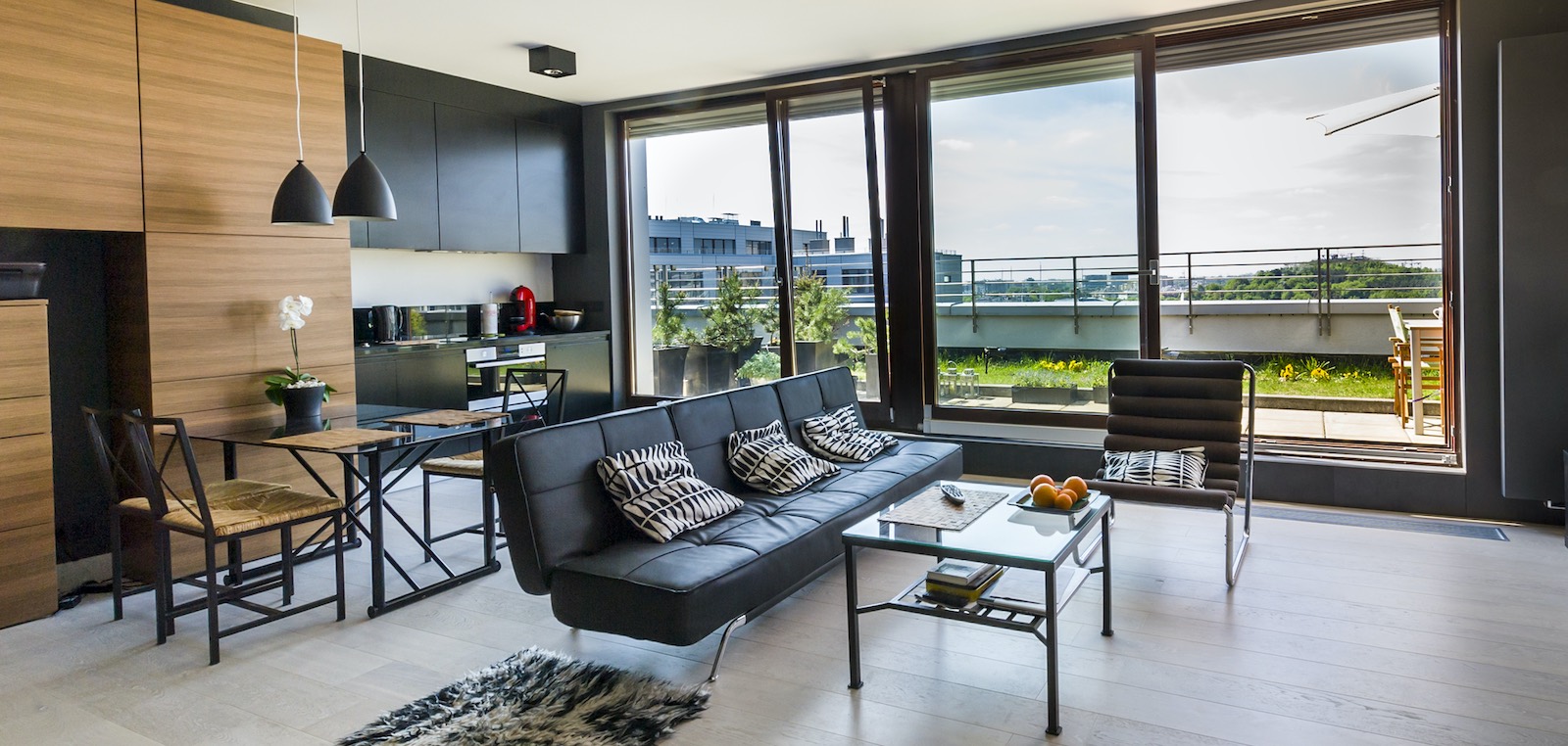 Modern interior design kitchen with panoramic windows