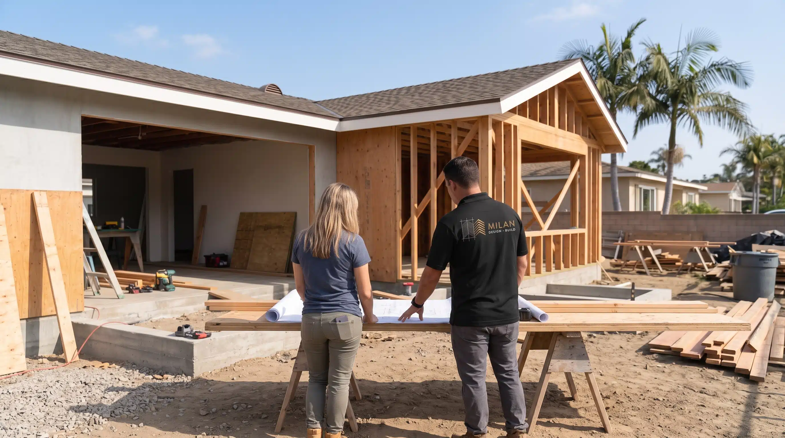 Milan Design and Build contractor reviewing room addition plans with a client
