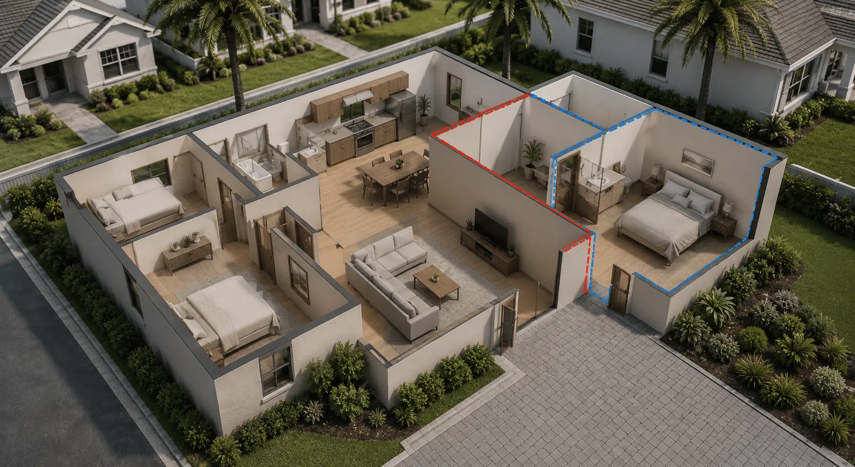 Isometric floor plan showing a home addition