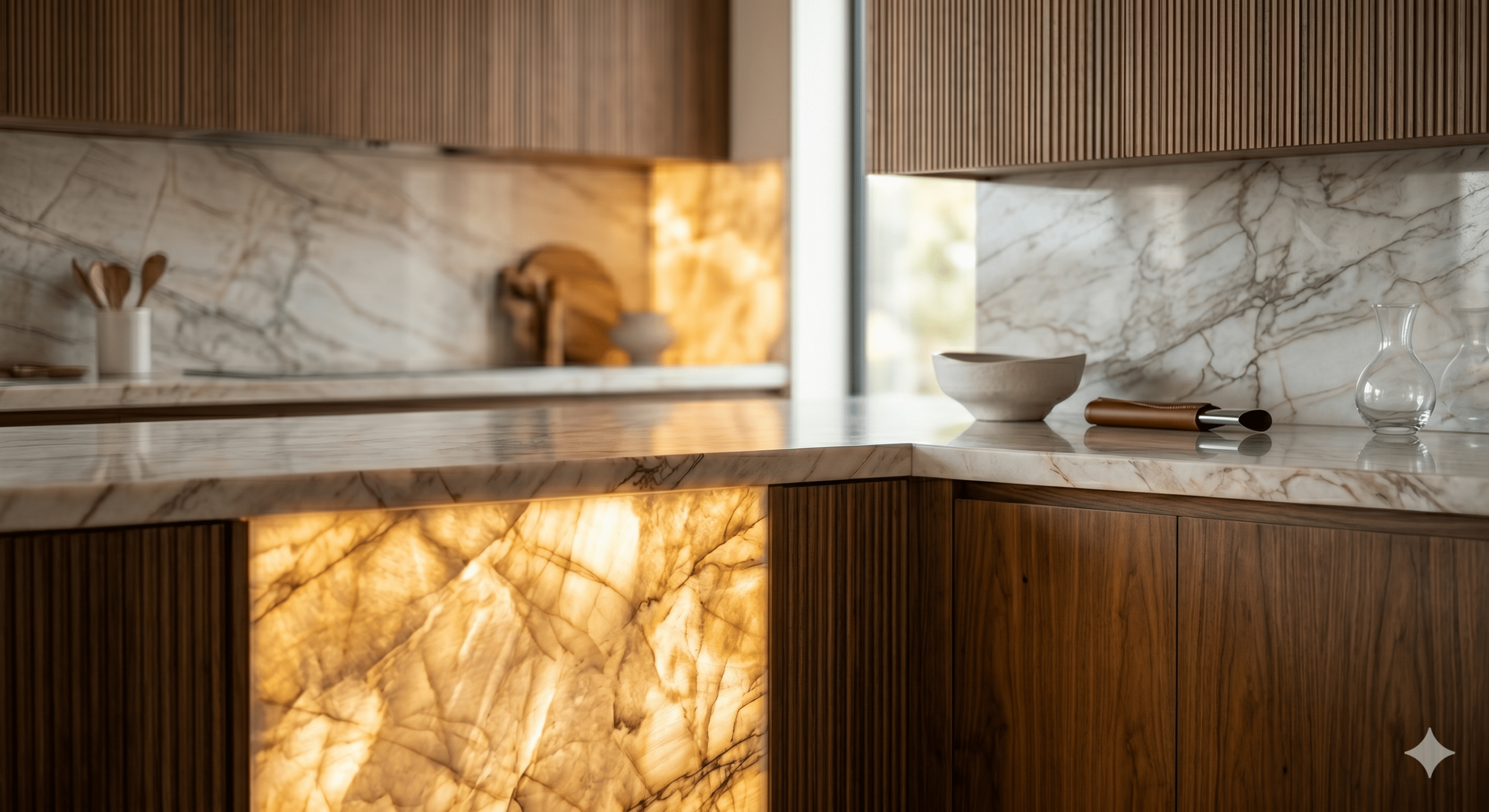 Close-up of a luxury kitchen featuring a backlit quartzite countertop panel casting a warm glow, paired with rich natural wood fluted cabinetry and a matching seamless marble slab backsplash.