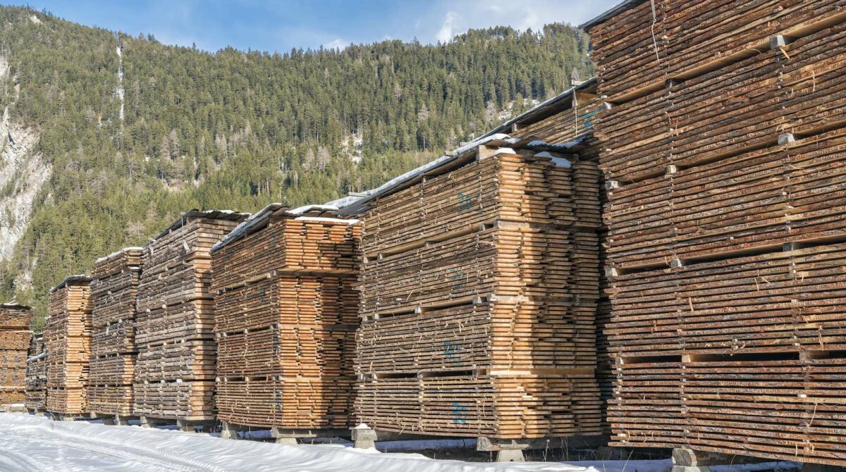 A lumberyard in winter, prone to the effects of climate change