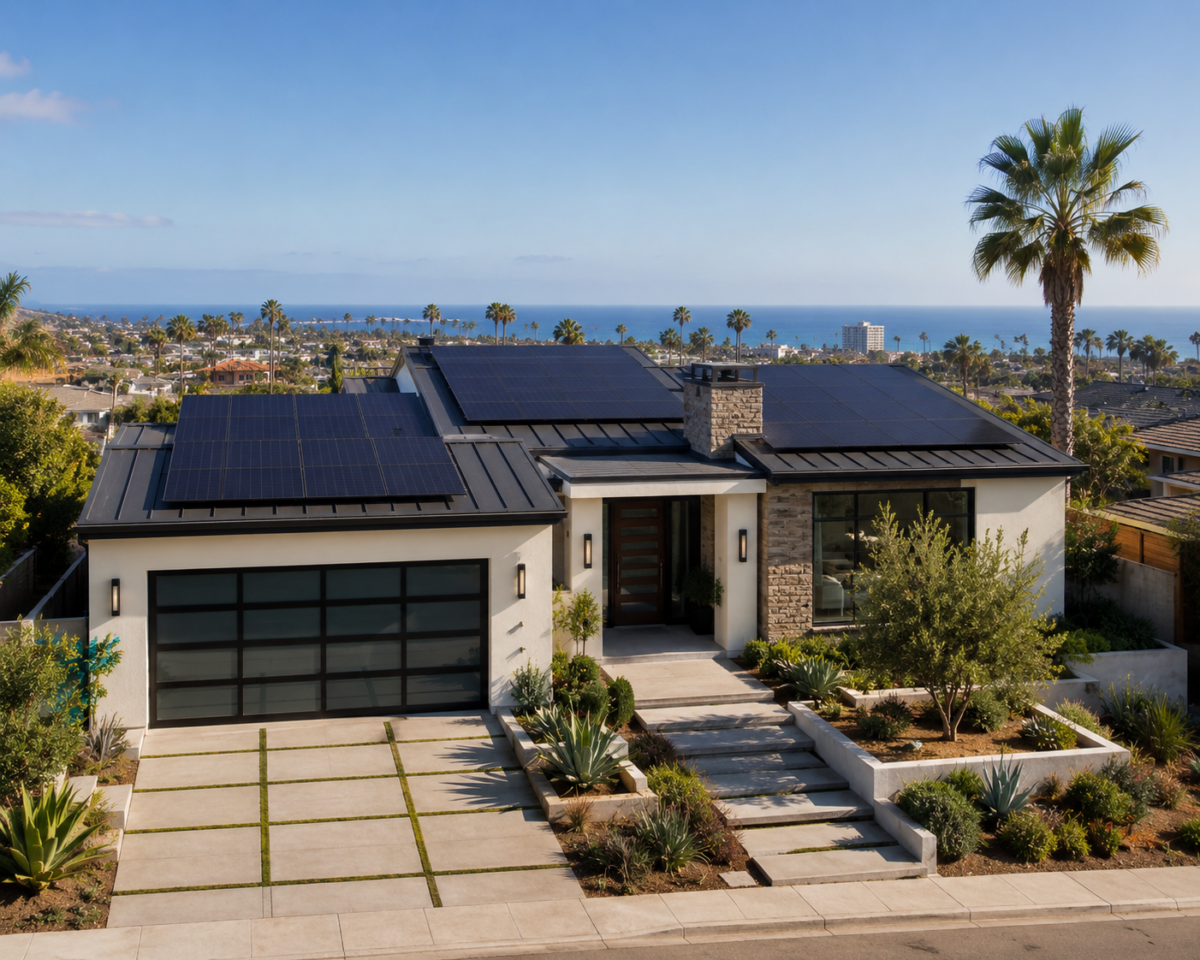 A modern house with solar panels, surrounded by lush landscaping and a view of the ocean and palm trees in the background.