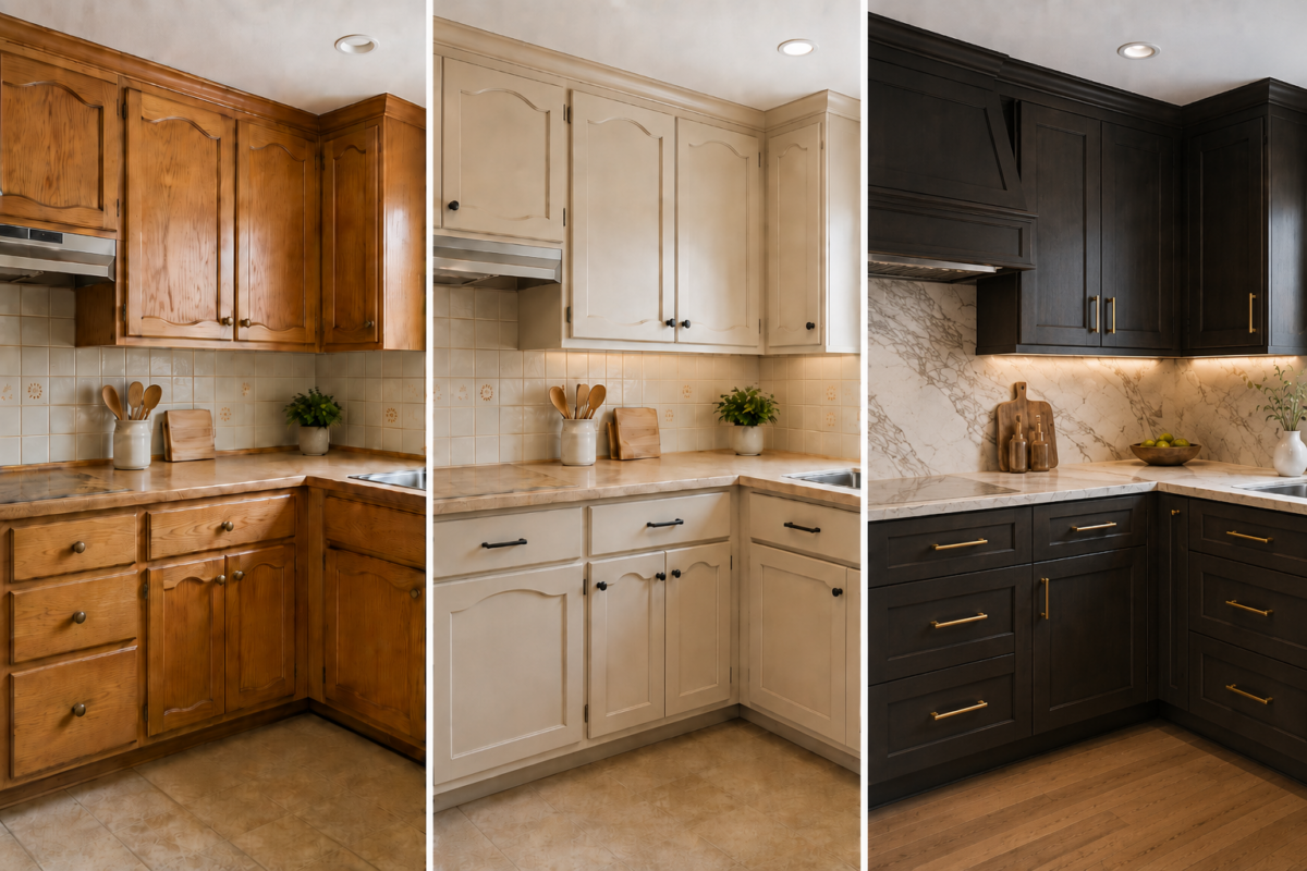 A triptych showing three kitchen designs with varying cabinet colors: light wood, off-white, and dark wood with gold accents.