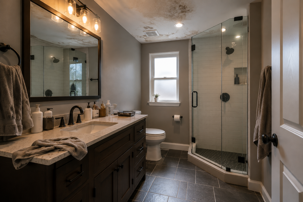 A modern bathroom featuring a glass shower, dark wooden vanity, marble countertop, and stylish lighting, complemented by neutral colors and a large mirror.