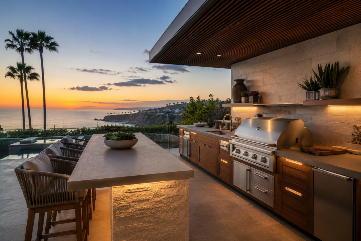 An outdoor kitchen with a stunning ocean view and sunset, featuring modern appliances, elegant seating, and tropical palm trees.