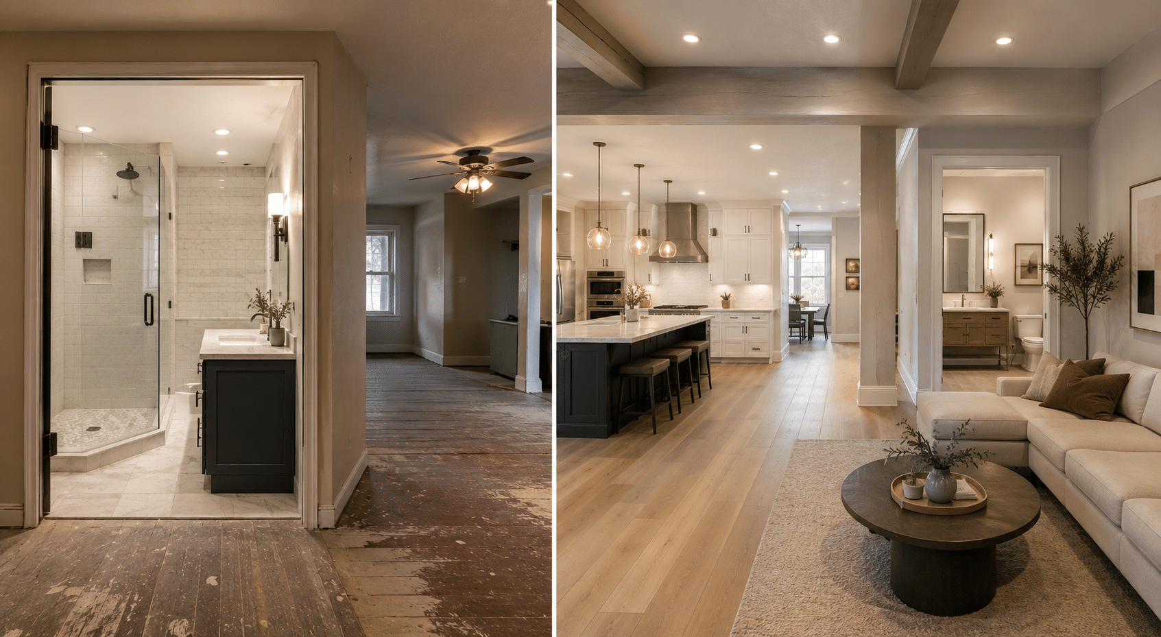 A modern bathroom with a glass shower, adjacent to a stylish open-concept living space featuring a kitchen and comfortable seating area.
