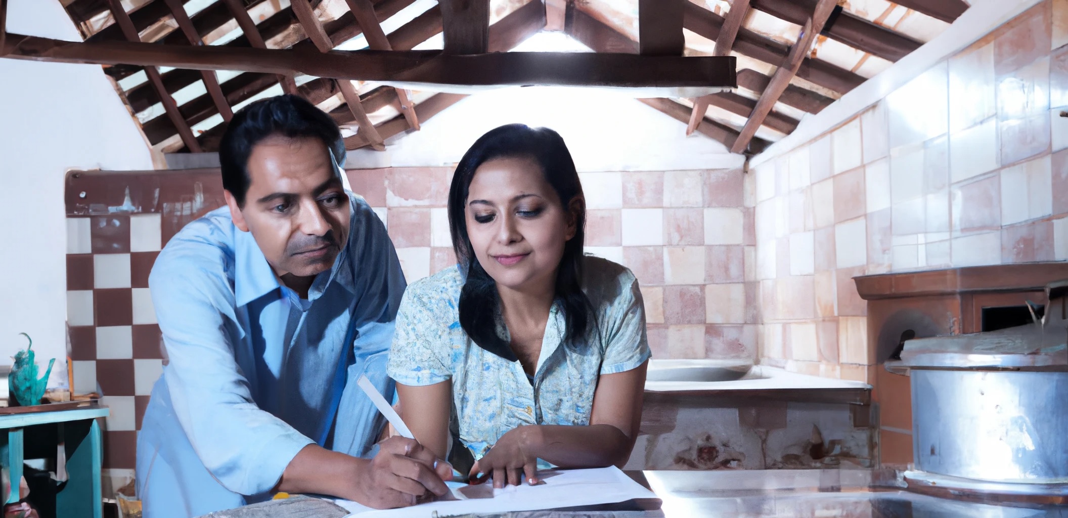 Couple signing a home renovation loan to add to their beautiful light kitchen