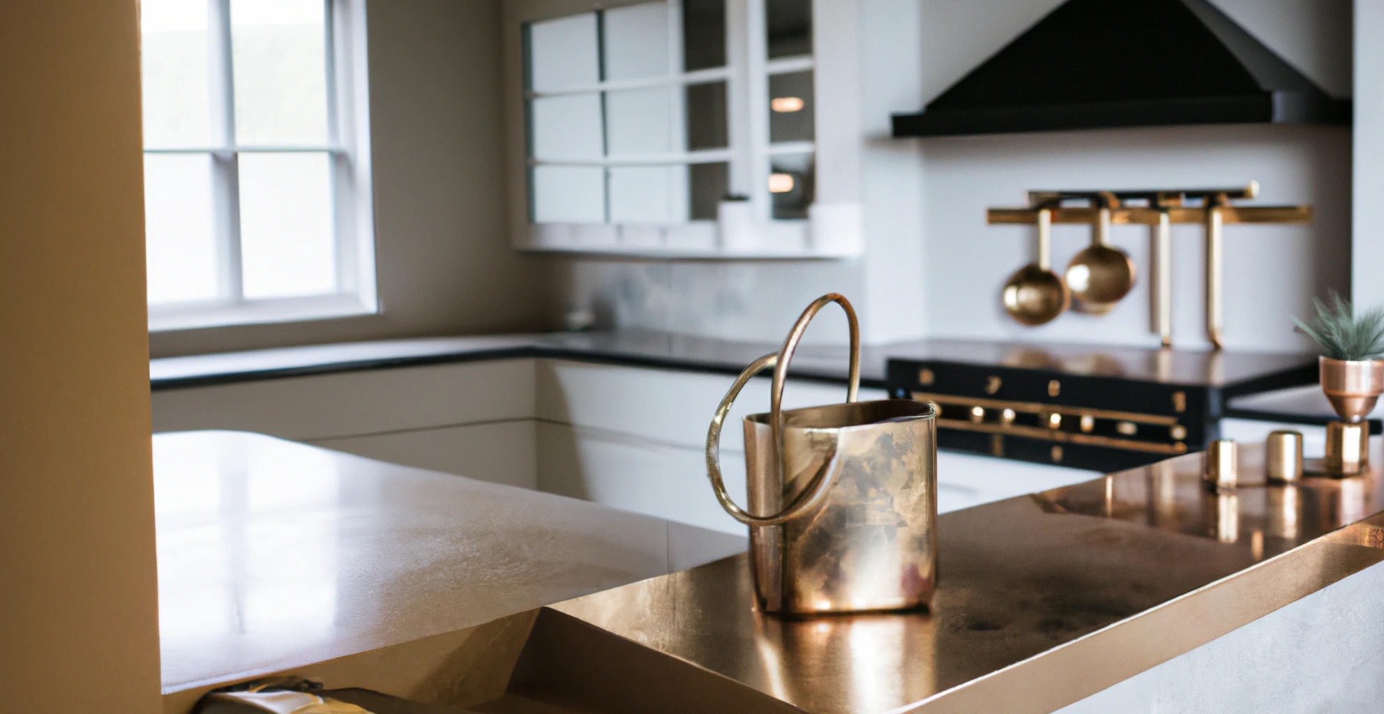 A modern concrete countertop with brass touches