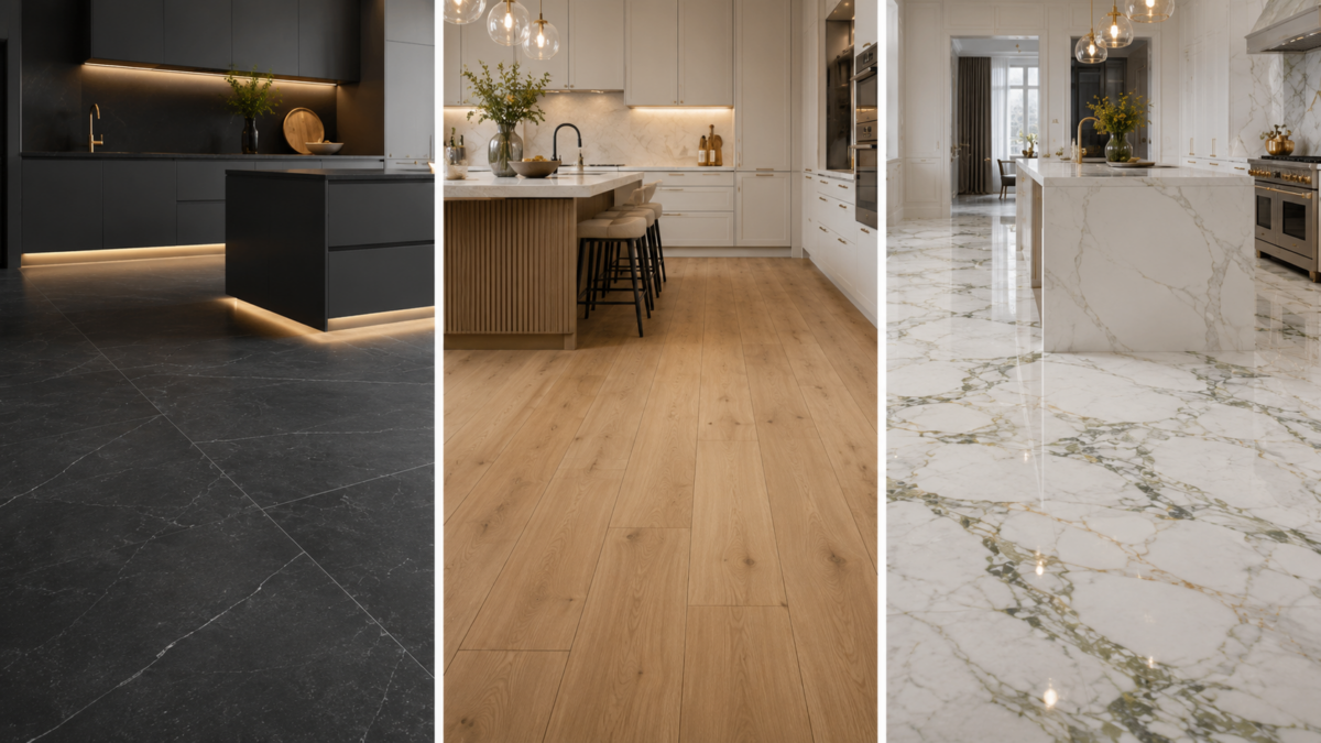 Three kitchen floor styles: black marble, light wood, and white marble with green and gold veining, showcasing modern design and elegant finishes.