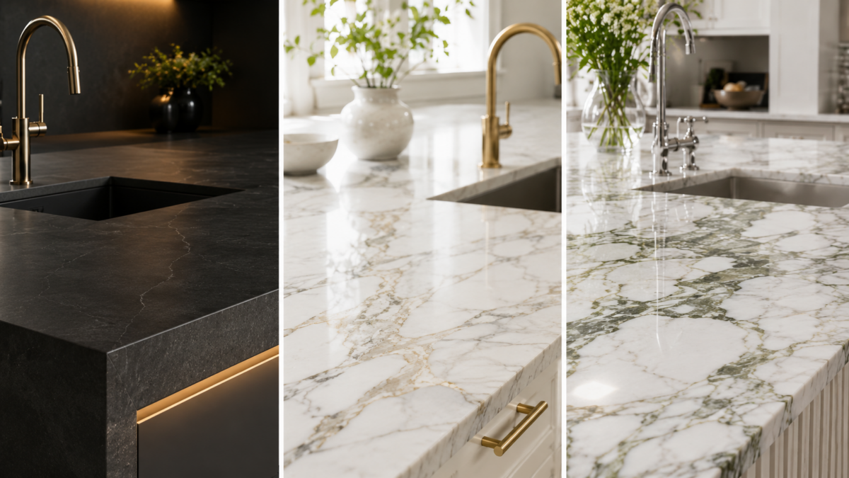 Three kitchen countertops in different materials: sleek black stone, elegant white marble with gold veins, and striking white marble with green accents.