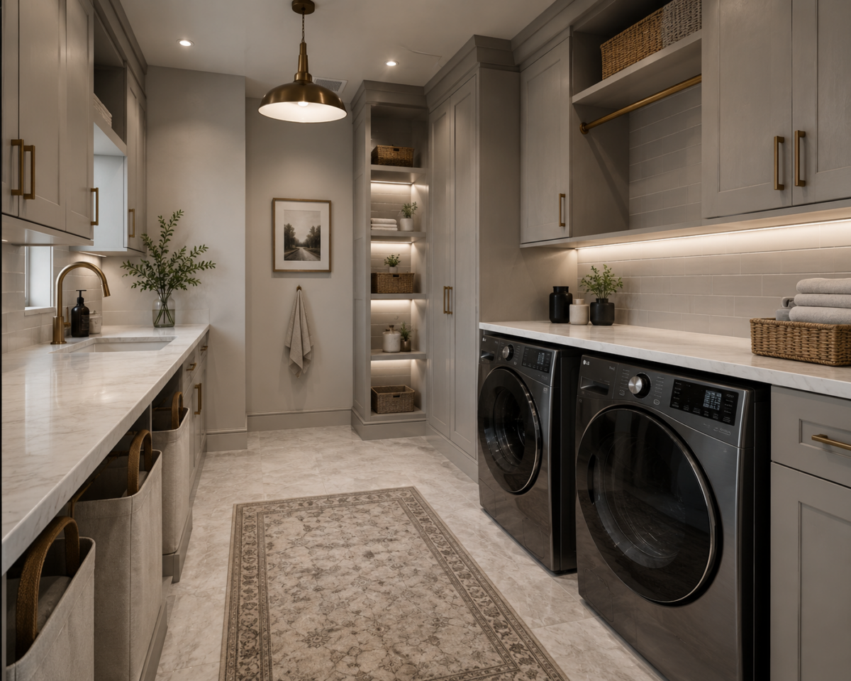 A modern laundry room with sleek appliances, stylish cabinetry, and elegant accents, illuminated by warm lighting and decorated with plants.