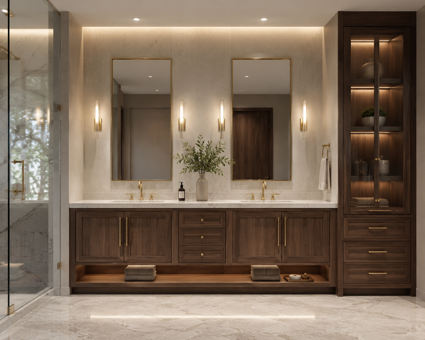 A modern bathroom featuring a wooden double vanity, elegant mirrors, soft lighting, and stylish storage, creating a luxurious, serene atmosphere.