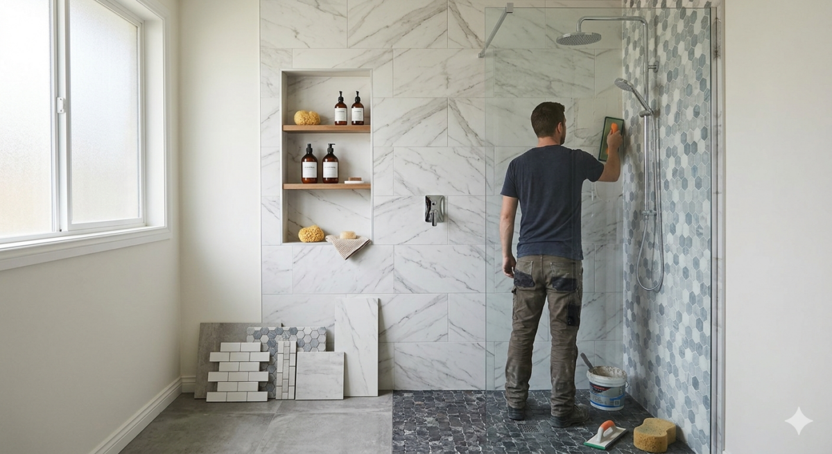 A man is applying grout in a modern shower space, showcasing elegant tile designs and neatly arranged toiletries on shelves.