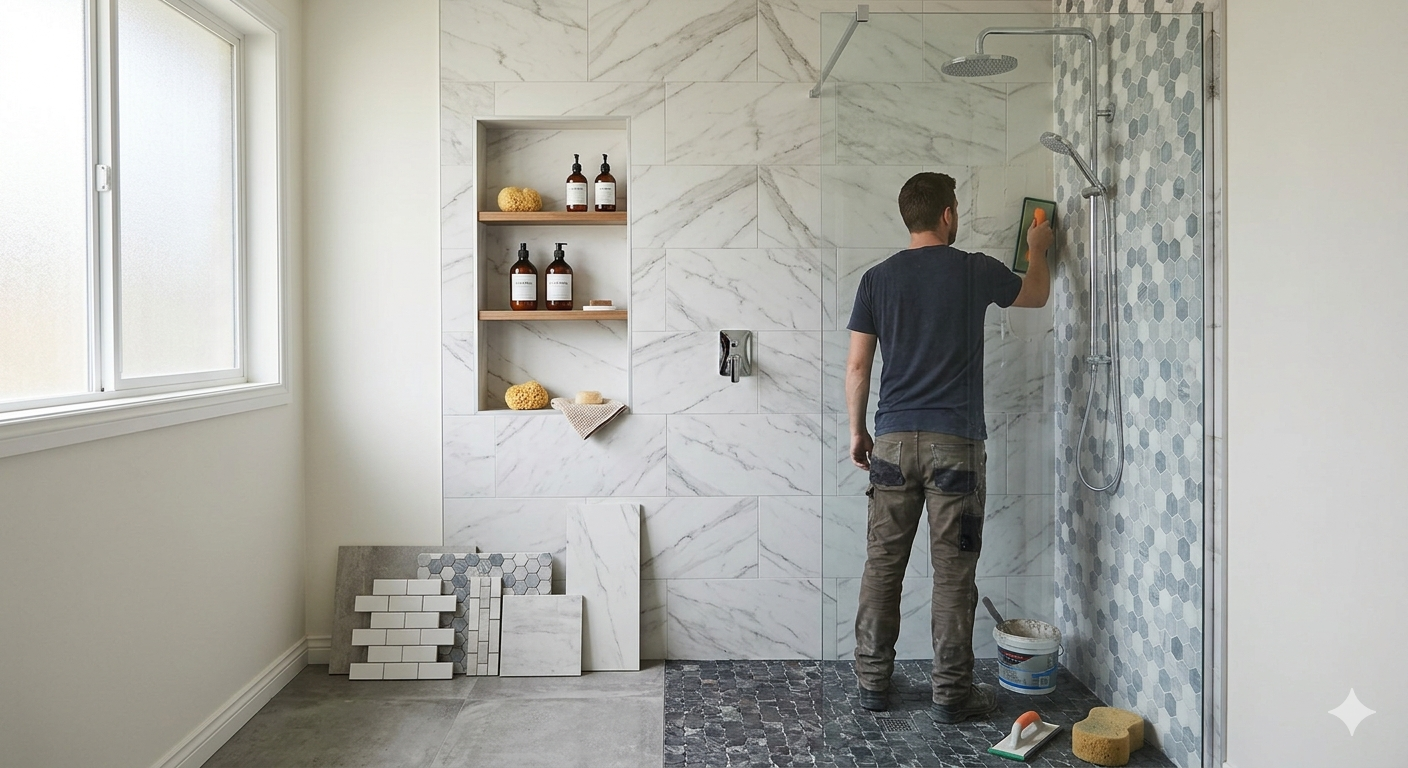 A man is applying grout in a modern shower space, showcasing elegant tile designs and neatly arranged toiletries on shelves.