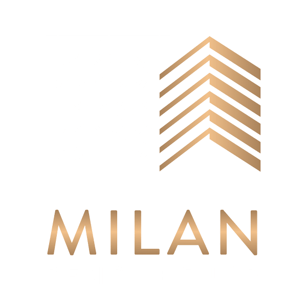 A sleek logo featuring a stylized building silhouette above the word 'MILAN' in an elegant font.