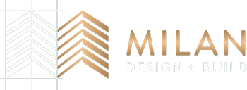 Logo for Milan Design + Build, featuring stylized architectural elements in gold against a green background.