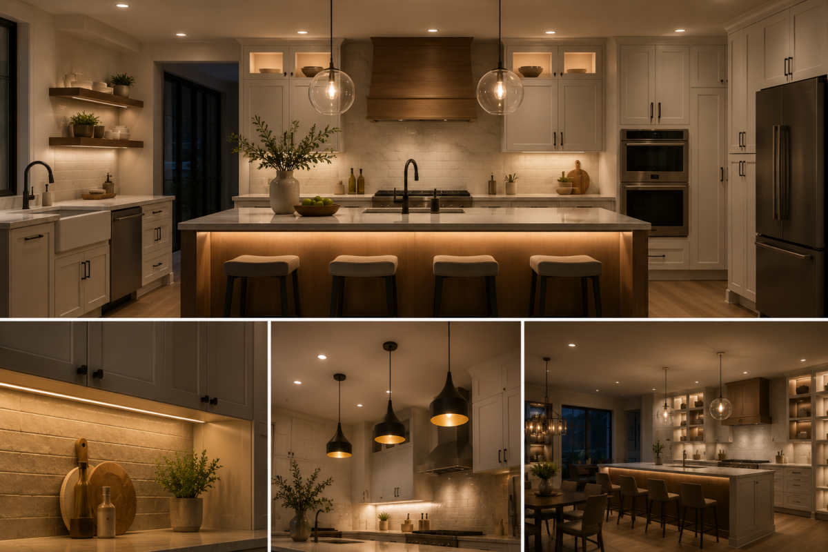 A modern kitchen featuring elegant lighting, a central island, sleek cabinetry, and a cozy ambiance, enhanced by warm tones and decorative plants.