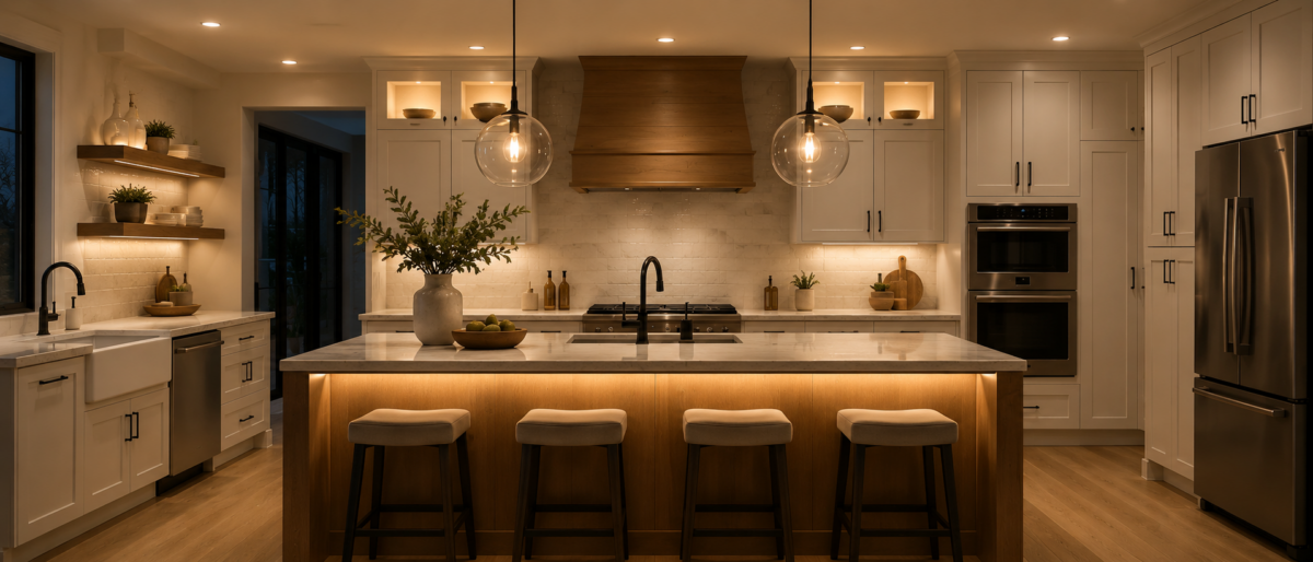 A modern kitchen with white cabinetry, a large island with seating, warm lighting, stylish decor, and a sleek design.