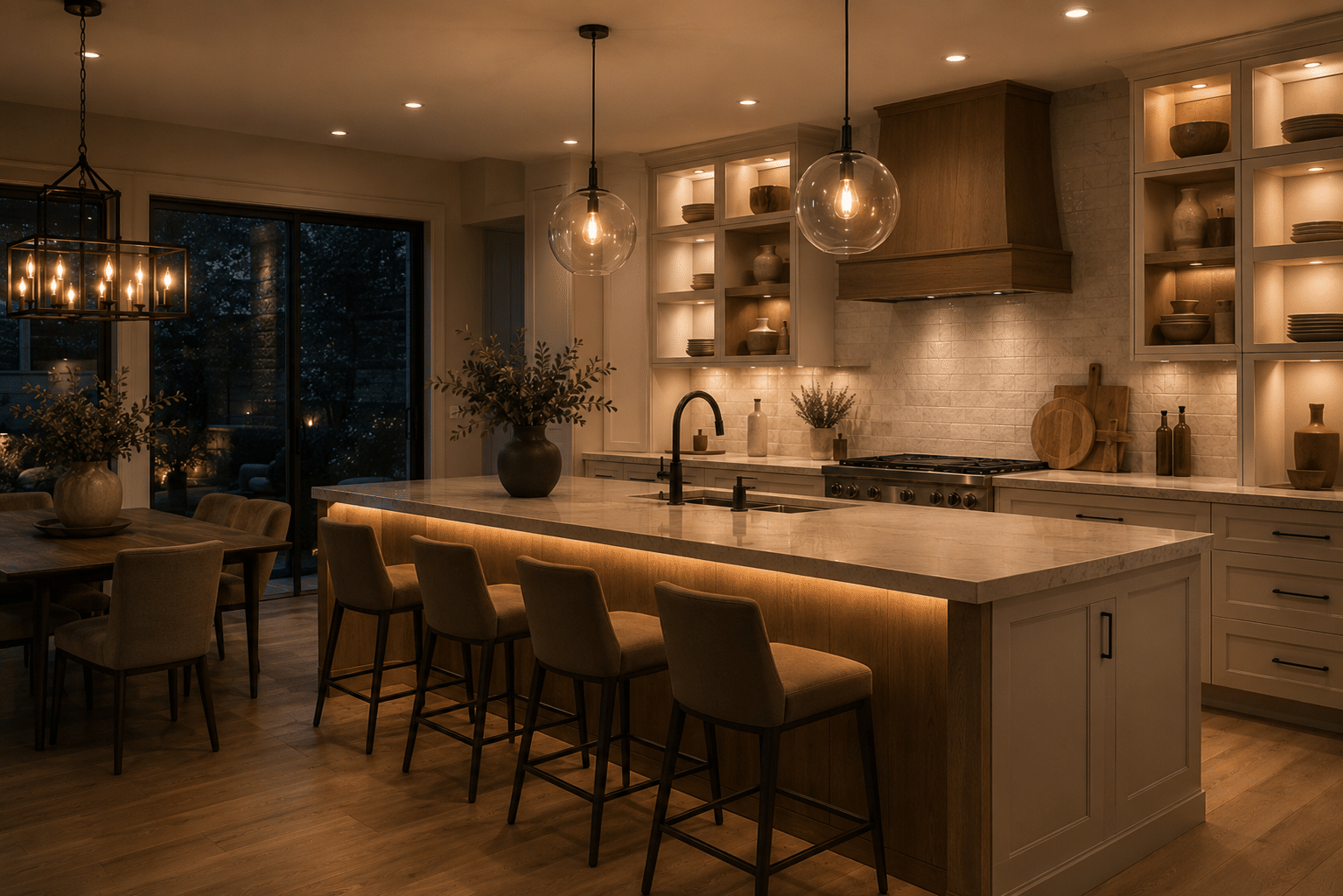 A modern kitchen with elegant lighting, a marble island, and wooden accents, featuring plants and dishware arranged on shelves and a dining table.