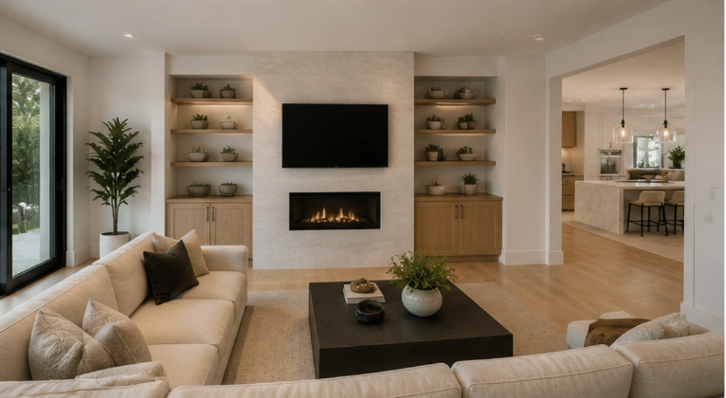 Modern interior design featuring a light-colored living room with a cozy seating area, a fireplace, and an adjoining kitchen area.