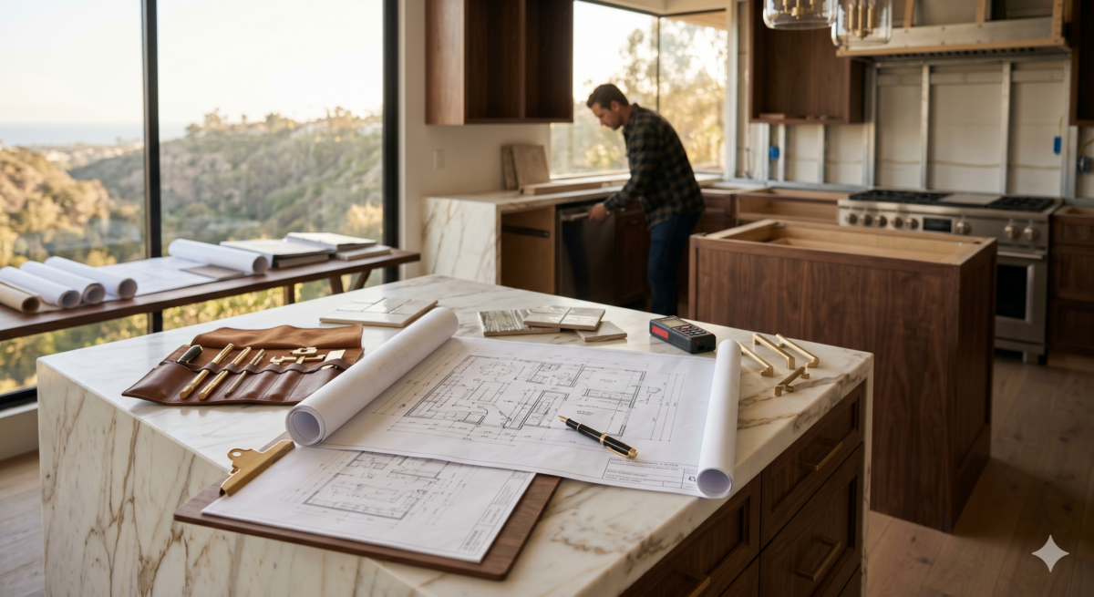 High-end San Diego kitchen remodeling project under construction, featuring architectural blueprints on a luxury marble island with a contractor working in the background.