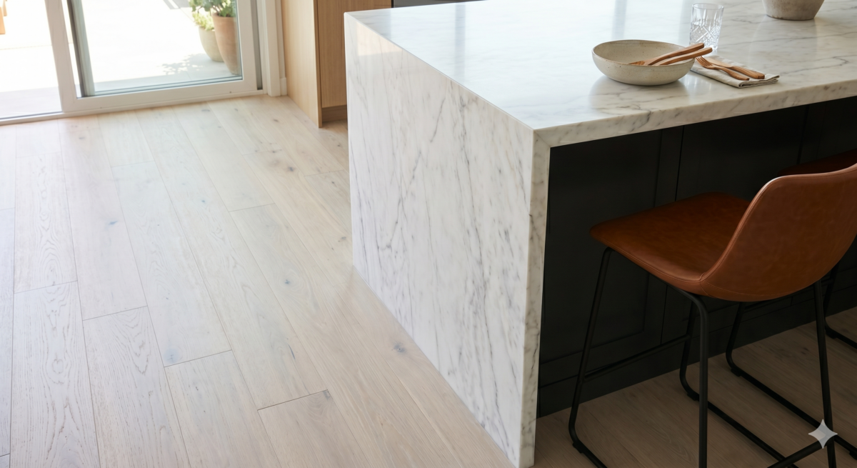 A modern kitchen scene featuring a marble countertop, wooden flooring, and a brown bar stool next to a glass door.