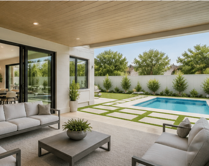 A modern outdoor living area with comfortable seating, an inviting pool, and lush greenery visible through large glass windows.
