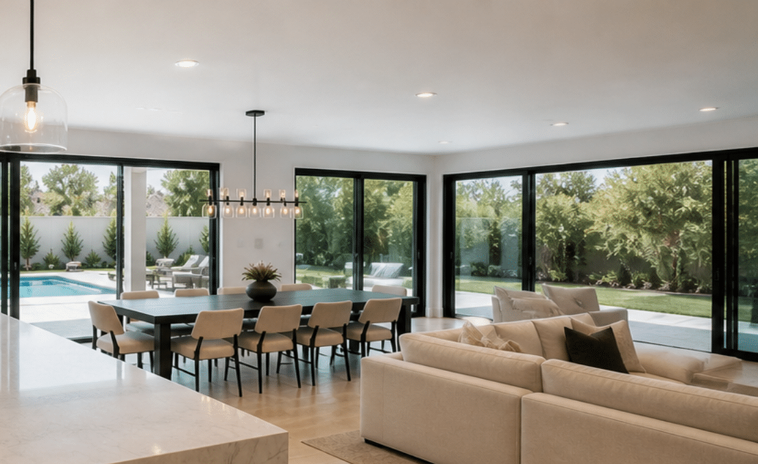 A modern, open-plan interior featuring a stylish kitchen, dining area, and large windows overlooking a lush garden and swimming pool.