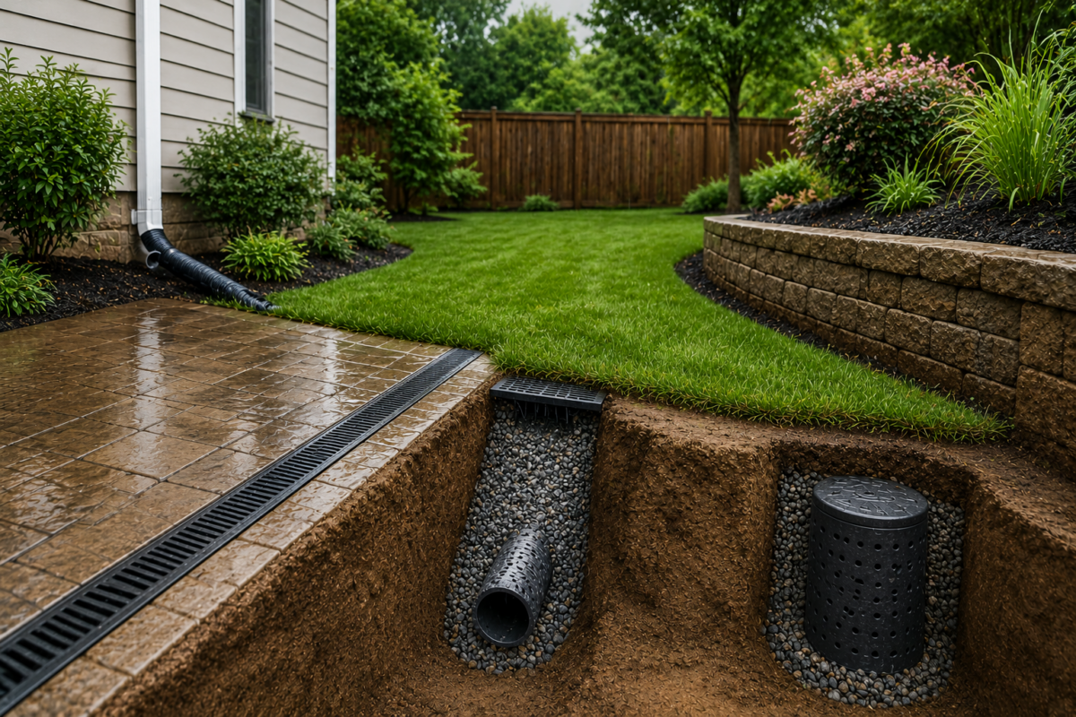 A well-manicured backyard featuring a drainage system, fresh grass, and decorative stone walls, under a cloudy sky.