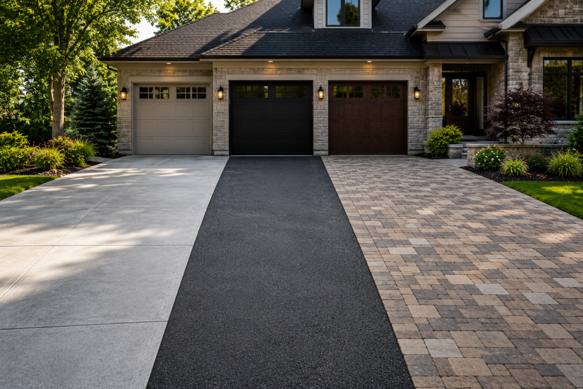 A driveway with three different sections: textured concrete, smooth asphalt, and a patterned stone paver area, surrounded by greenery and well-maintained landscaping.