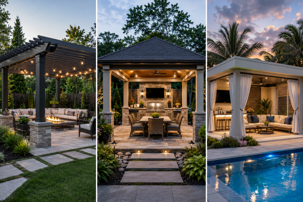 A stylish outdoor space featuring three distinct areas: a cozy fire pit, an elegant dining patio, and a relaxing lounge by a pool.
