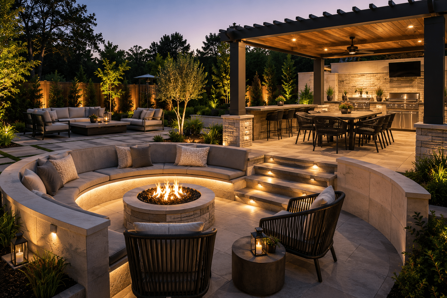 A modern outdoor space featuring a circular fire pit, plush seating, ambient lighting, and a dining area under a pergola, set against a twilight backdrop.