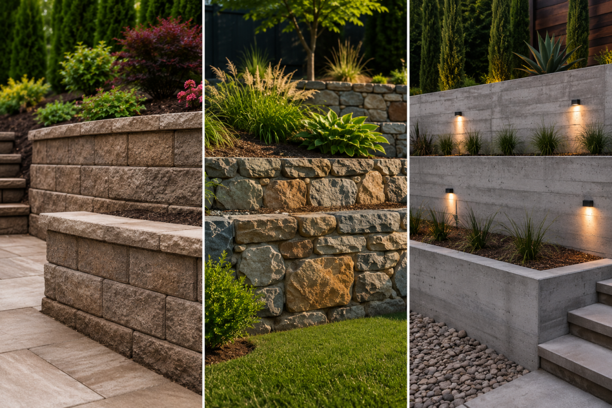 A collage of beautifully landscaped retaining walls, showcasing various stone textures, plants, and outdoor lighting features in a serene garden setting.