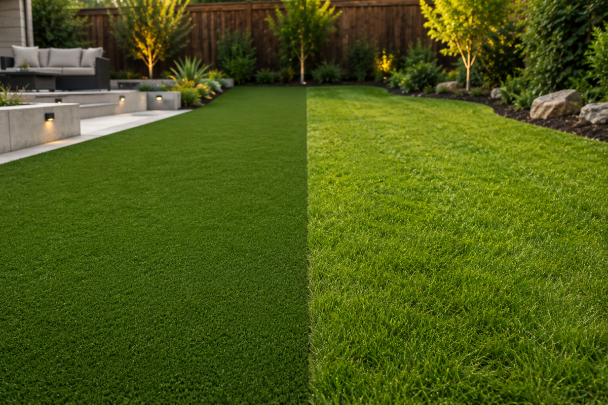 A landscaped garden showcasing a split design of artificial turf on one side and natural grass on the other, surrounded by greenery and outdoor seating.