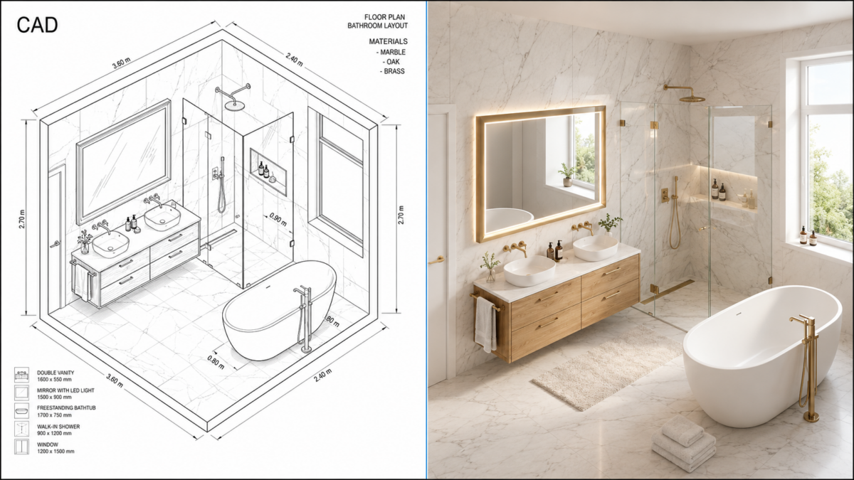 A modern bathroom layout showcasing a freestanding bathtub, double vanity, walk-in shower, and elegant materials like marble and oak.